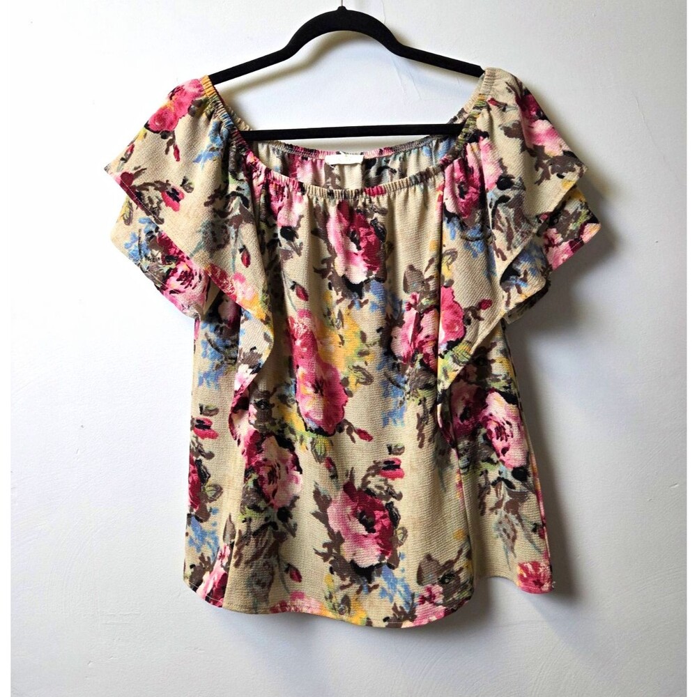 Oddy Women's Beige Floral Chiffon Off-Shoulder Ruffle Flutter Sleeve Blouse S